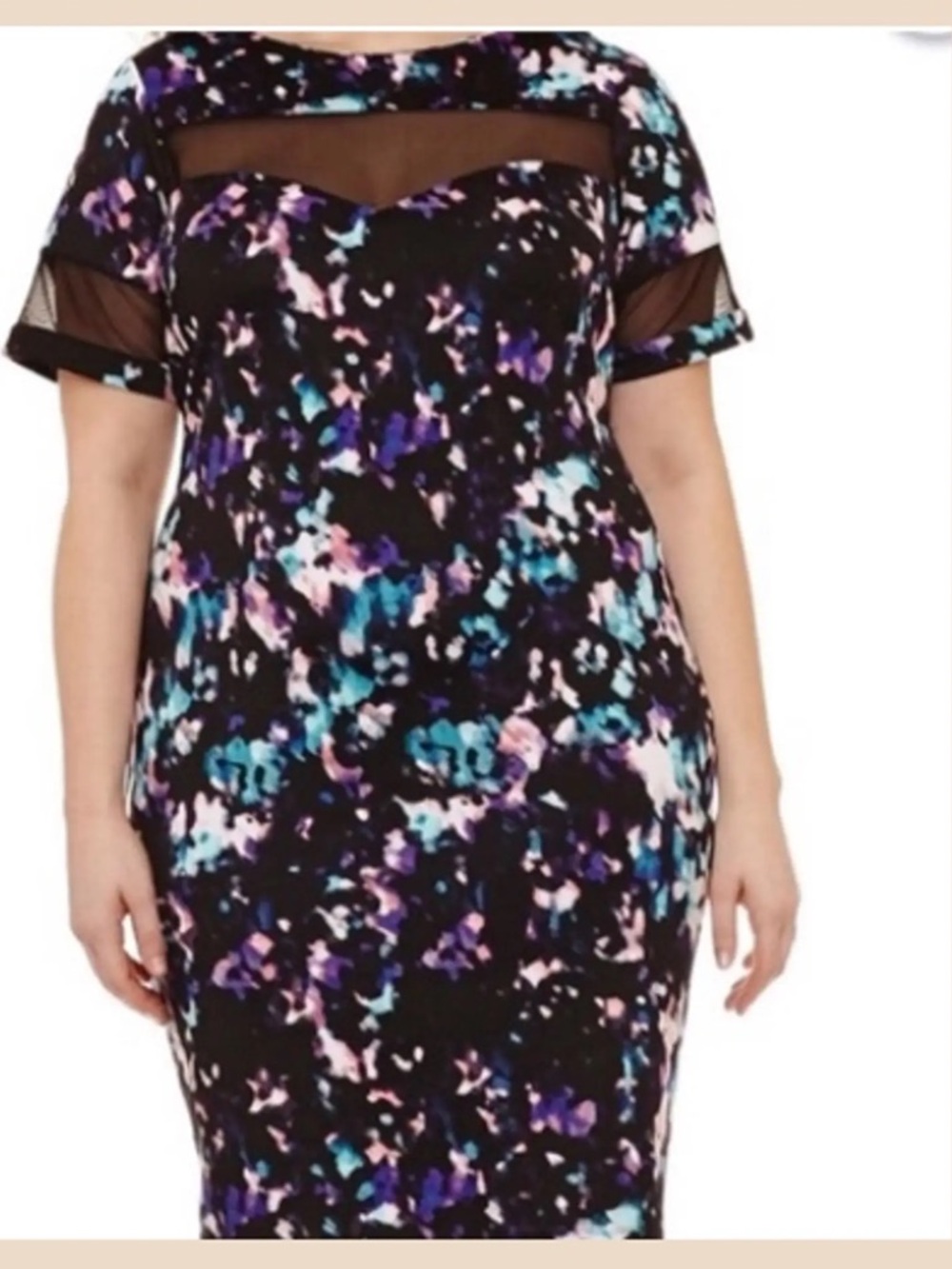 Plus Size Black Floral Sheath Dress with Mesh Yoke